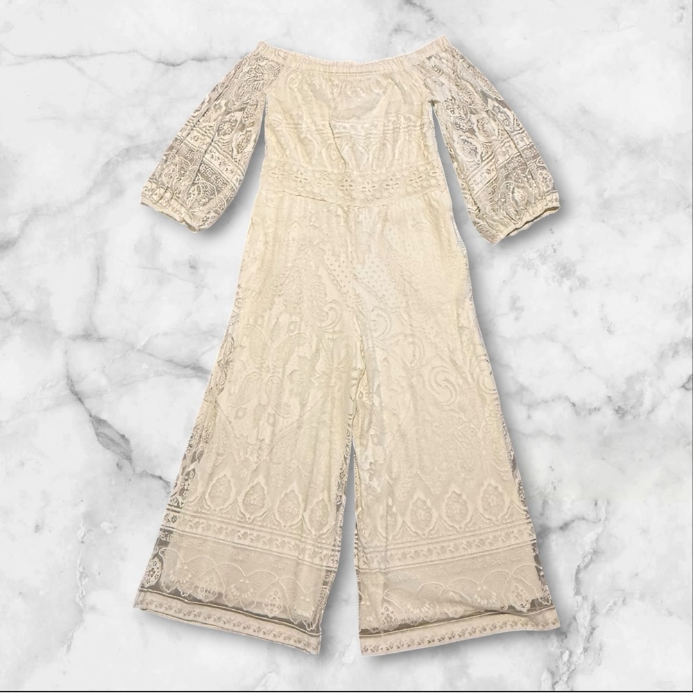 🤍 Farm Rio x Anthropologie | Lace Off-Shoulder Jumpsuit | Ivory | Size M - Picture 2 of 11